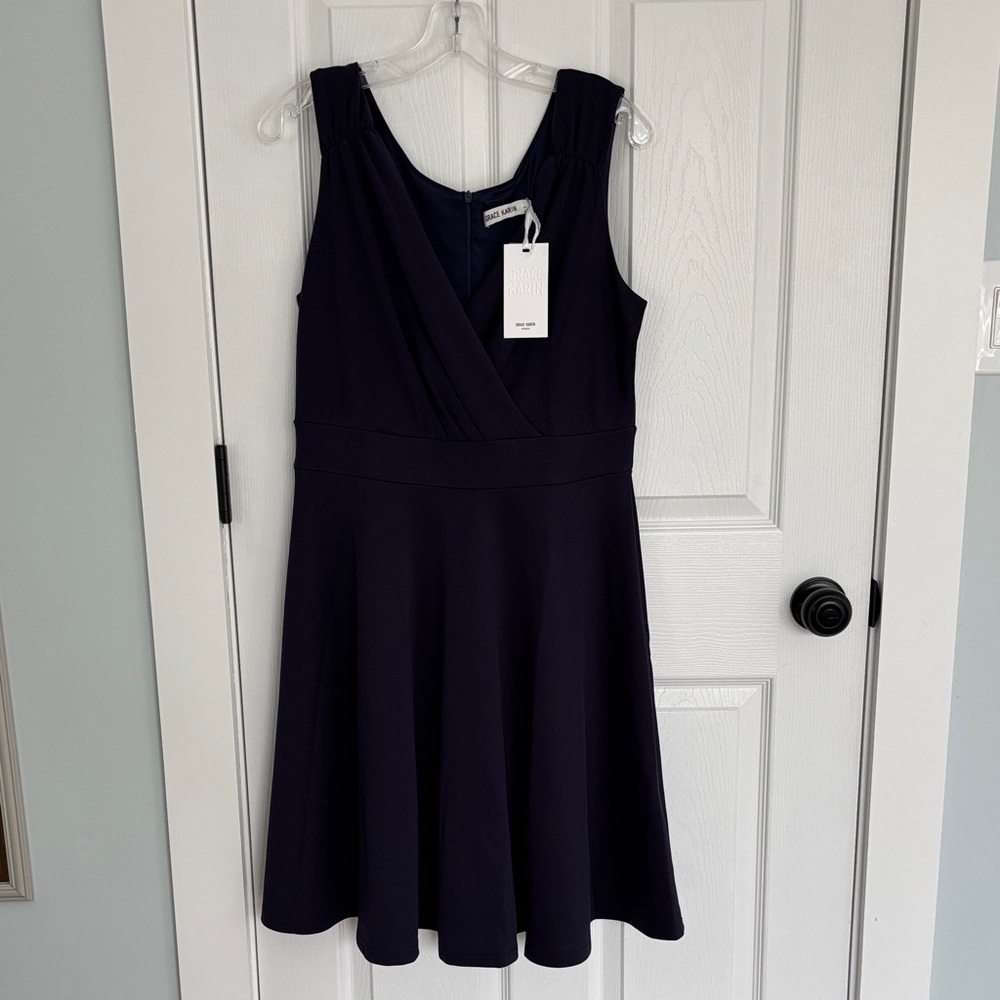 Grace Karin Navy Sleeveless V-Neck Midi Fit-and-Flare Dress NWT